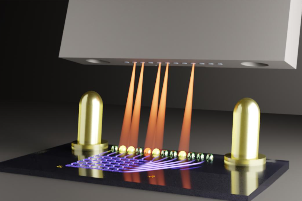 Illustration of a photonic chip (blue) connected to a fiber optic array (black) via 3D-printed couplers (green).