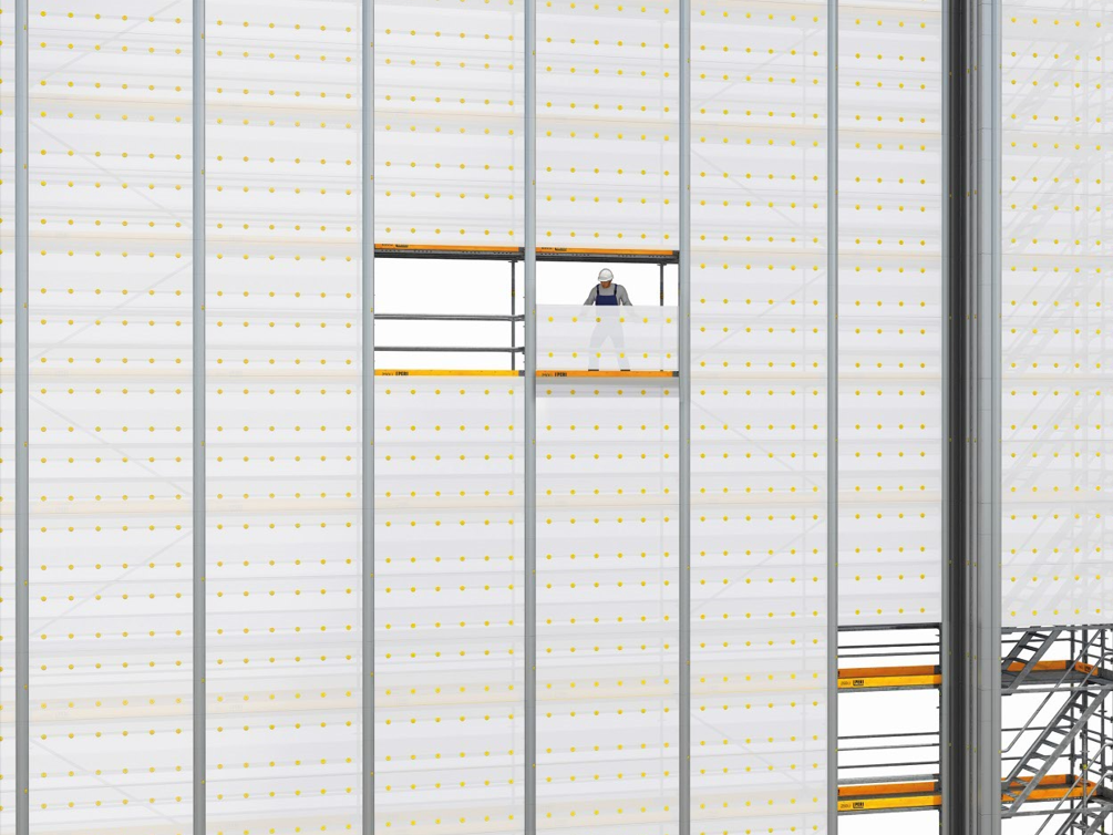 Das dezente Design trägt zu einem optisch hochwertigen Erscheinungsbild der Einhausung bei, beispielsweise bei Gebäudesanierungen im öffentlichen Raum.