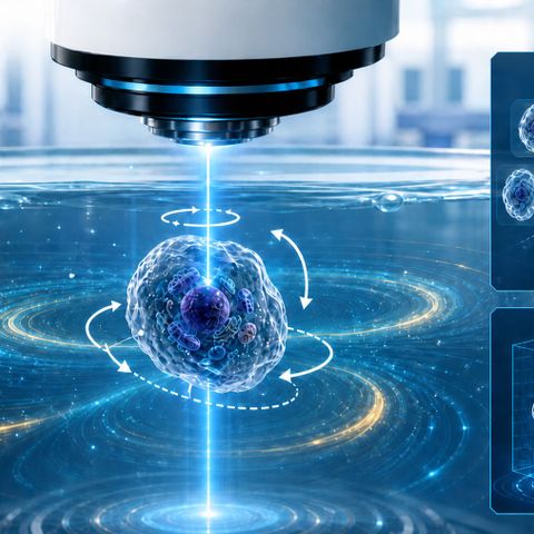 3D-Mikroskopie: Laser dreht empfindliche Zellproben erstmals kontaktfrei unter dem Mikroskop Grafik: Der Laser dreht empfindliche Zellproben unter dem Mikroskop kontaktfrei.