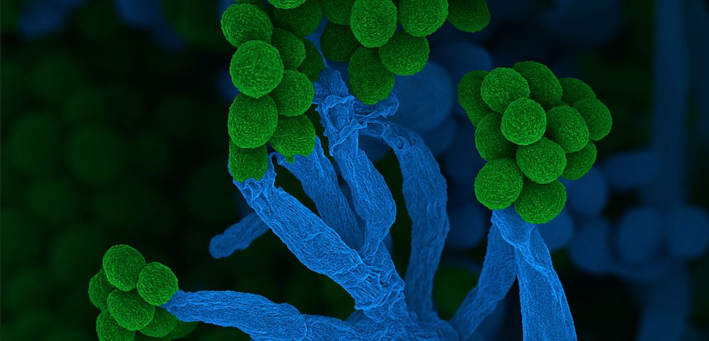 Mikrobe des Jahres 2026: Penicillium – lebensrettender Pinselschimmel Raster elektronenmikroskopische Aufnahme Penicillium, rund 5000fach vergrößert, nachträglich eingefärbt.