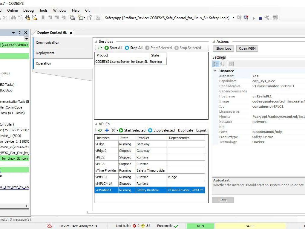 Screenshot des Deployment-Tools zum Aufsetzen virtueller funktionaler und sicherer Steuerungen im Codesys Development System.