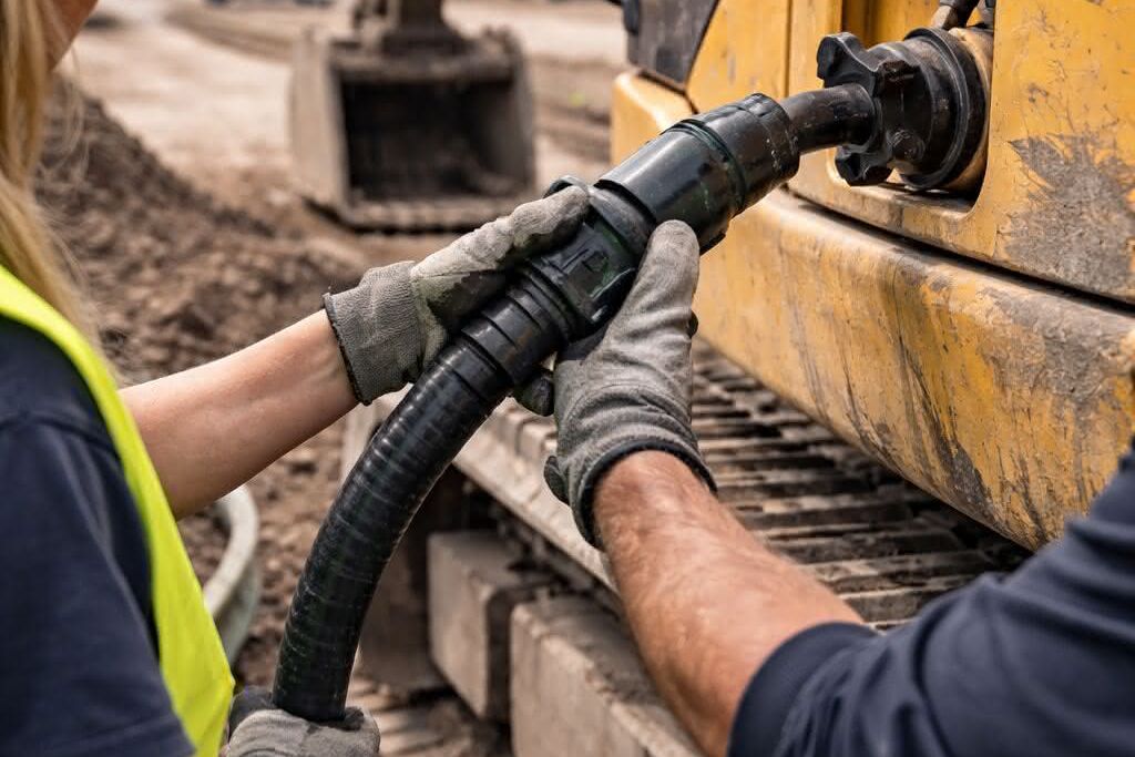 JCB Antriebe Arbeiter in Sicherheitskleidung betanken einen Bagger mit alternativen Kraftstoffen