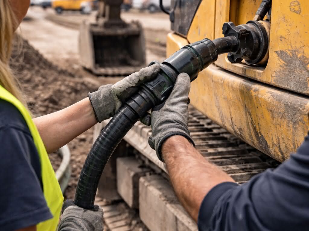Arbeiter in Sicherheitskleidung betanken einen Bagger mit alternativen Kraftstoffen