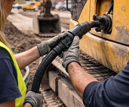Arbeiter in Sicherheitskleidung betanken einen Bagger mit alternativen Kraftstoffen