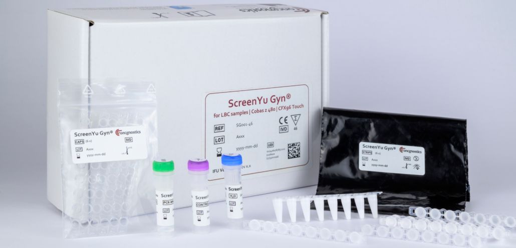 Modellpackung mit Komponenten des Tests „ScreenYu Gyn“ (keine Orignalpackung, nur zur Demonstration)