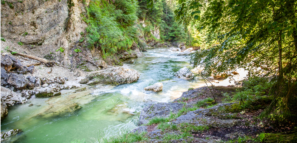 Klimawandel und Wasserverfügbarkeit: Uni Graz untersucht alpine Quellen Fluss im Wald an der Tiefenbachklamm Kramsach in Österreich