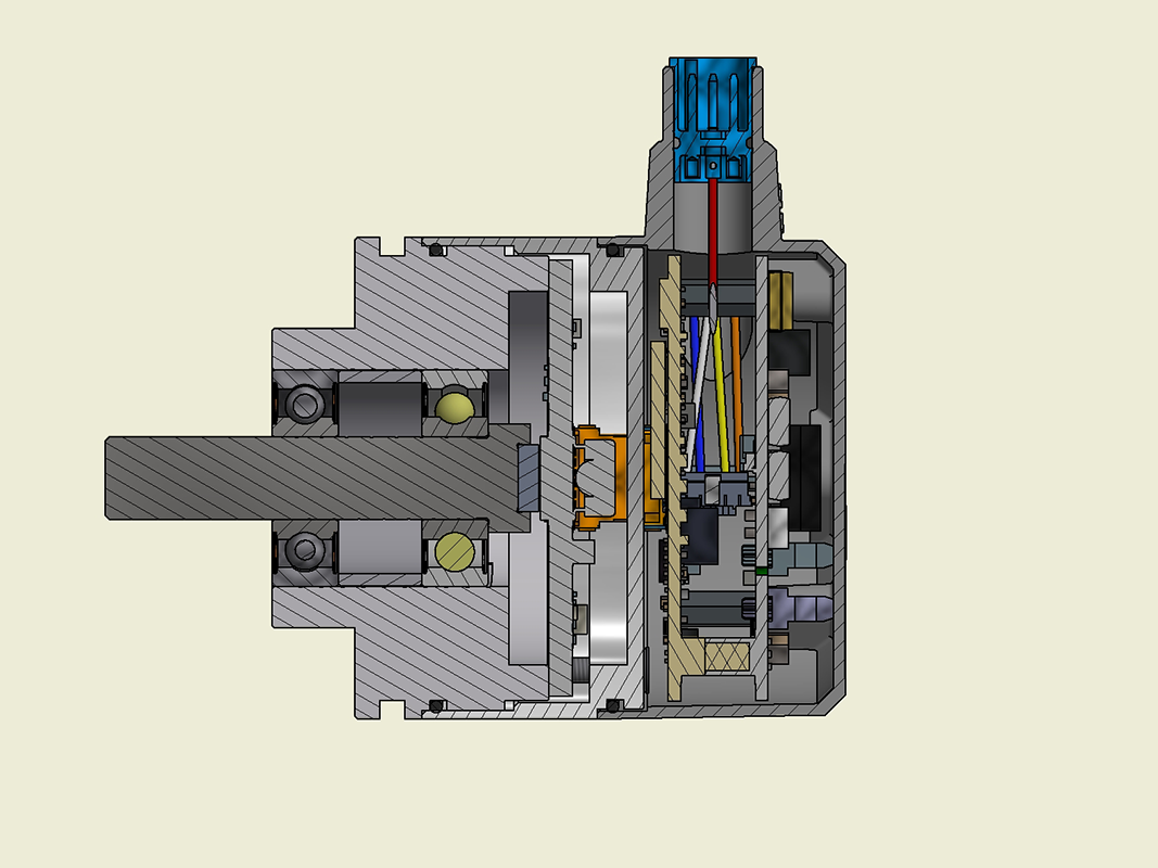 Cutaway model of the WDGA58B Industrial Ethernet absolute rotary encoder from Wachendorff Automation. The shaft and bearing assembly, which are subject to external forces, are particularly stressed and are therefore intensively tested before being released for series production.