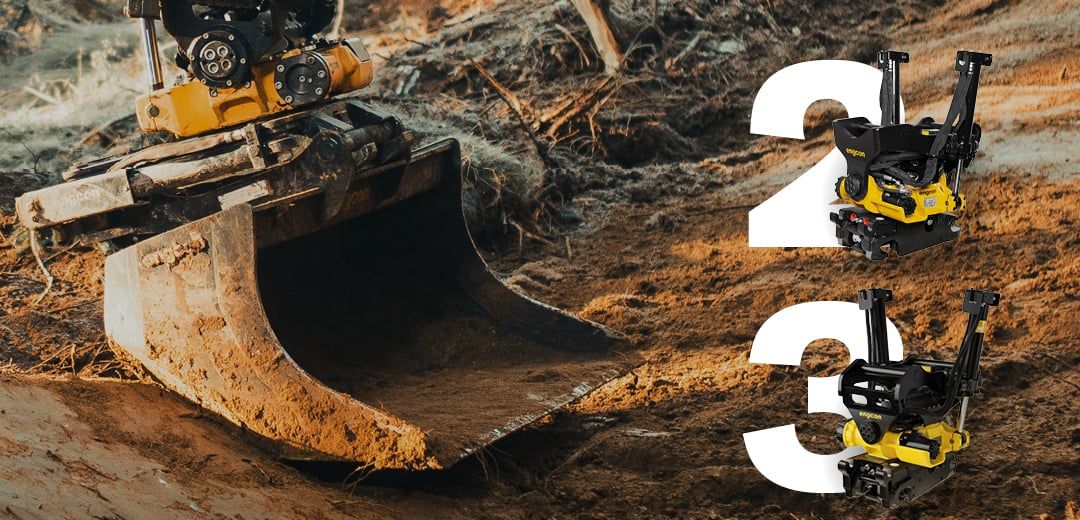 Die neuen Tiltrotatoren von Engcon. Die neuen Tiltrotatoren von Engcon; links ein Bagger mit einem Tiltrotator am Ausleger