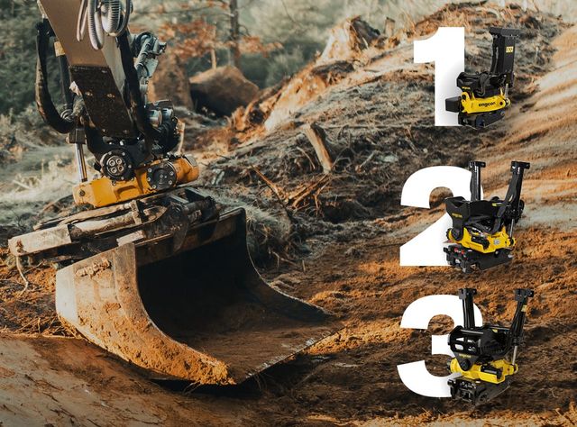 Die neuen Tiltrotatoren von Engcon; links ein Bagger mit einem Tiltrotator am Ausleger