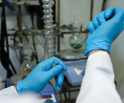 HAnd eines Labormitarbeitenden mit Laborhandschuh. Bild zum Artikel HIPS-Forscher:innen identifizieren einen neuen Angriffspunkt für Antibiotika