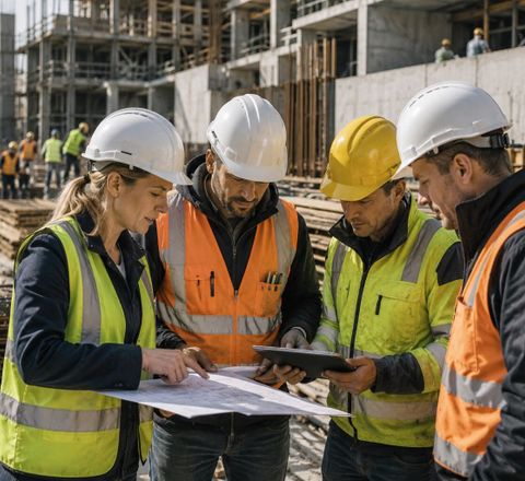 Baustelle Bauleiter verschiedener Firmen auf einer betriebsamen Baustelle