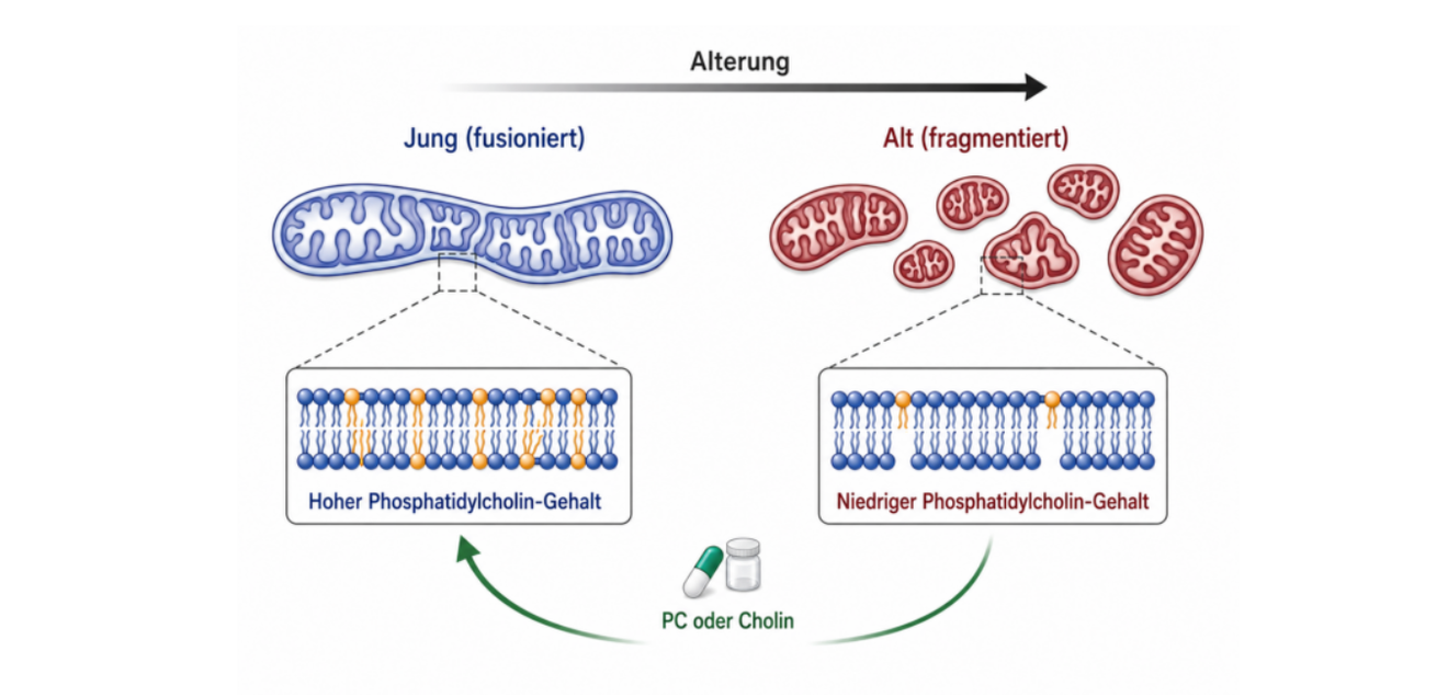 Phosphatidylcholin ist für die Funktion der Mitochondrien wichtig. Seine Produktion nimmt mit zunehmendem Alter ab, was die Energieproduktion der Zellen beeinträchtigt. Eine ausreichende Zufuhr über die Ernährung kann die Funktion der Mitochondrien wiederherstellen und möglicherweise ein gesundes Altern unterstützen. Phosphatidylcholin ist für die Funktion der Mitochondrien wichtig. Seine Produktion nimmt mit zunehmendem Alter ab, was die Energieproduktion der Zellen beeinträchtigt. Eine ausreichende Zufuhr über die Ernährung kann die Funktion der Mitochondrien wiederherstellen und möglicherweise ein gesundes Altern unterstützen.