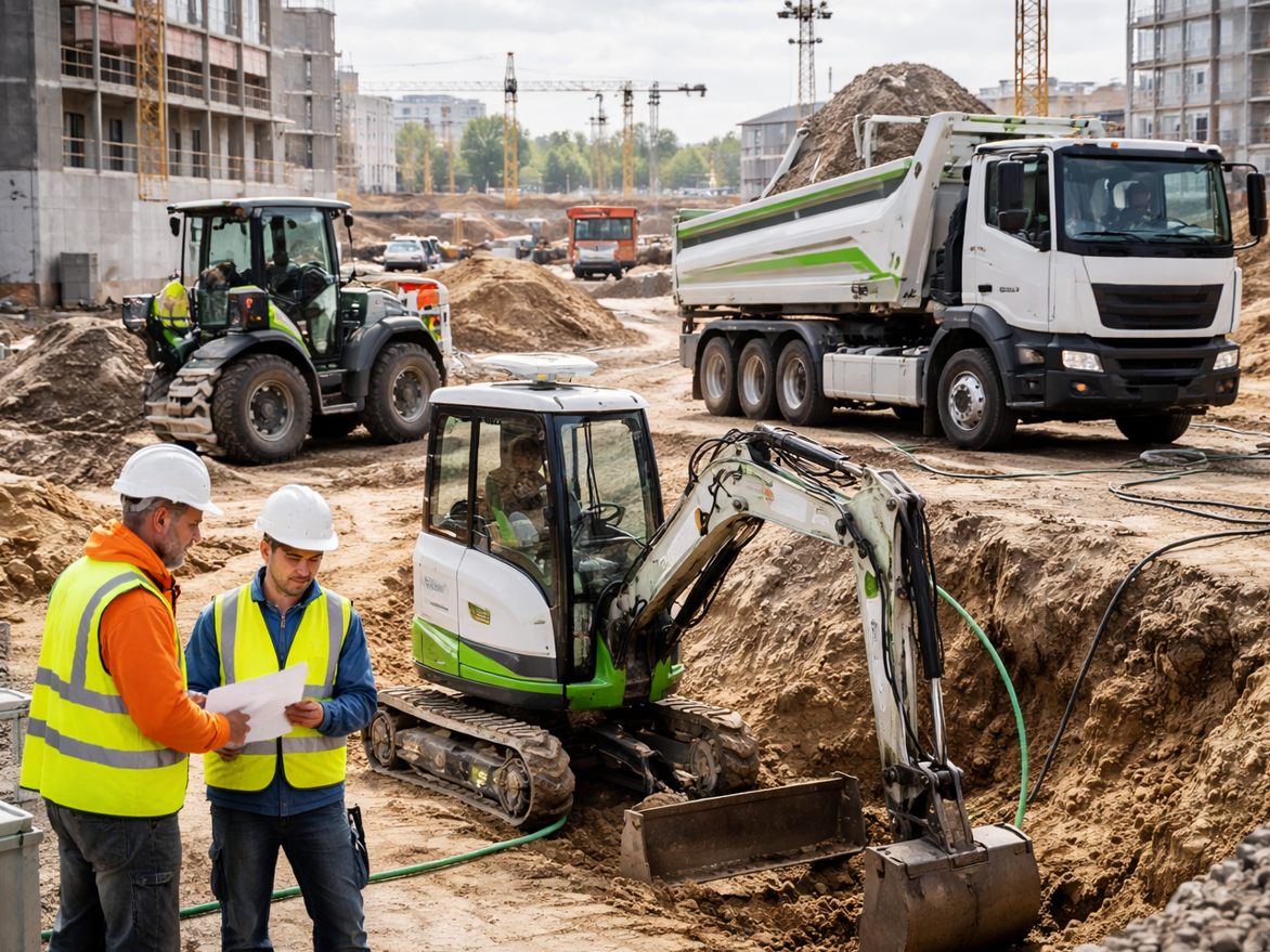 Blick auf eine Baustelle, auf der Baumaschinen und Nutzfahrzeuge mit alternativen Antrieben im Einsatz sind Blick auf eine Baustelle, auf der Baumaschinen und Nutzfahrzeuge mit alternativen Antrieben im Einsatz sind