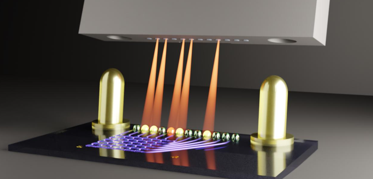 Photonic microchips with 3D connector: How a 3D system makes photonic chips industrially viable Illustration of a photonic chip (blue) connected to a fiber optic array (black) via 3D-printed couplers (green).