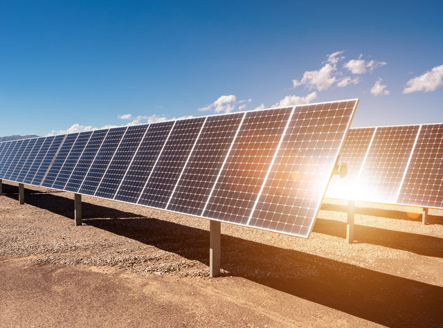 Großer Aufbau von Perowskit-Solarzellen, die auf Sandboden der Sonne zugerichtet angeordnet sind.