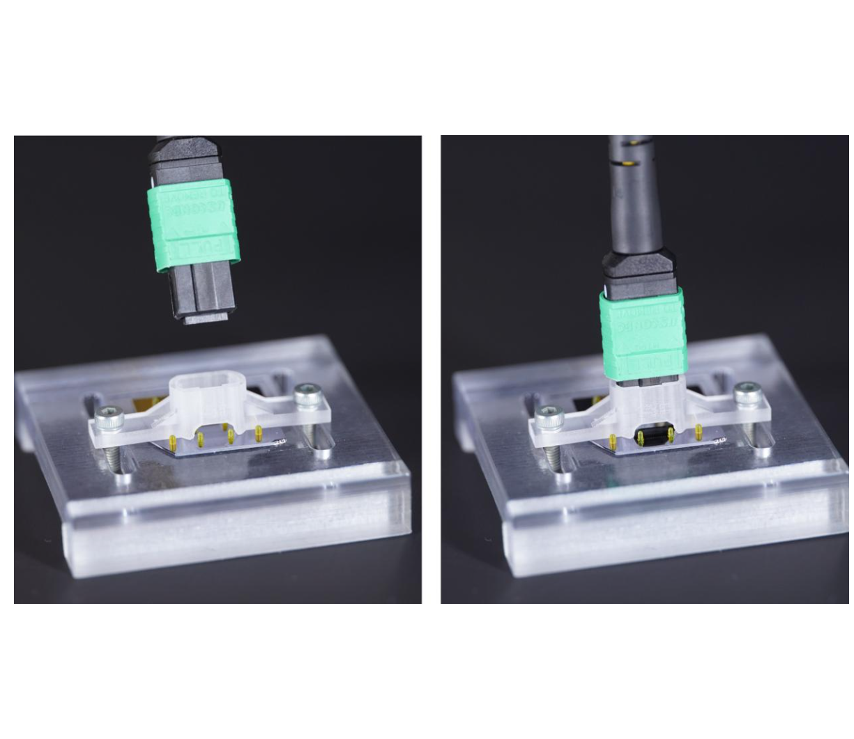 Forschung: Wie ein 3D-System photonische Chips industriefähig macht Die Kameraaufnahme zeigt, wie ein Glasfaserkabel an einen photonischen Chip angeschlossen wird. Eine Vorausrichtungsstruktur trägt das Gewicht des Kabels und Führungsstifte ermöglichen eine sehr präzise Positionierung im Mikrometerbereich.