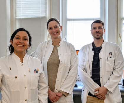 Das Team: Rios Martini, Bacher, Hofmann. Forschende des Exzellenzclusters „Precision Medicine in Chronic Inflammation“ (PMI) an der Christian-Albrechts-Universität zu Kiel.