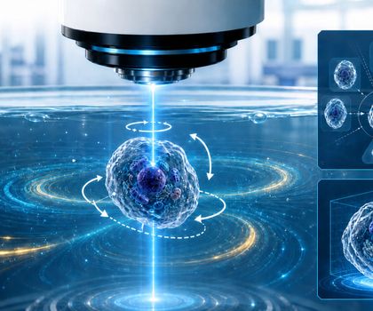3D-Mikroskopie: Laser dreht empfindliche Zellproben erstmals kontaktfrei unter dem Mikroskop Grafik: Der Laser dreht empfindliche Zellproben unter dem Mikroskop kontaktfrei.