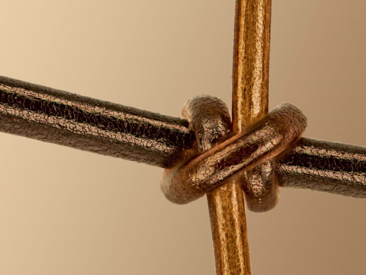 Menschliches Haar (vertikal) mit Pferdehaar (horizontal) verknotet. Menschliches Haar (vertikal) mit Pferdehaar (horizontal) verknotet.