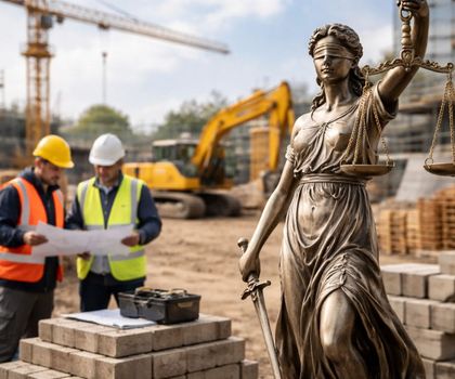 Justizia Justizia mit verbundenen Augen auf einer Baustelle