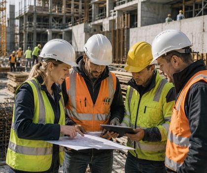 Bauleiter verschiedener Firmen auf einer betriebsamen Baustelle
