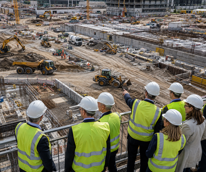 Weibliche und männliche Politiker blicken auf eine Baustelle