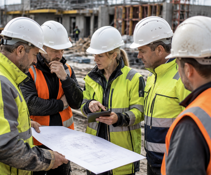 Weibliche und männliche Bauleiter besprechen sich auf einer Baustelle