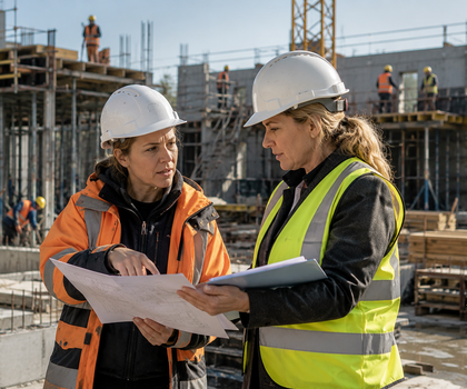 Zwei Bauleiterinnen verhandeln auf einer Baustelle