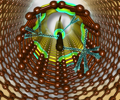 Exotische Schwingungen in neuen Materialien Carbyne als vielversprechender nanoskaliger Sensor Schematische Darstellung von Carbyne, das in doppelwandigen Kohlenstoffnanoröhren mit kleinem Durchmesser stabilisiert ist