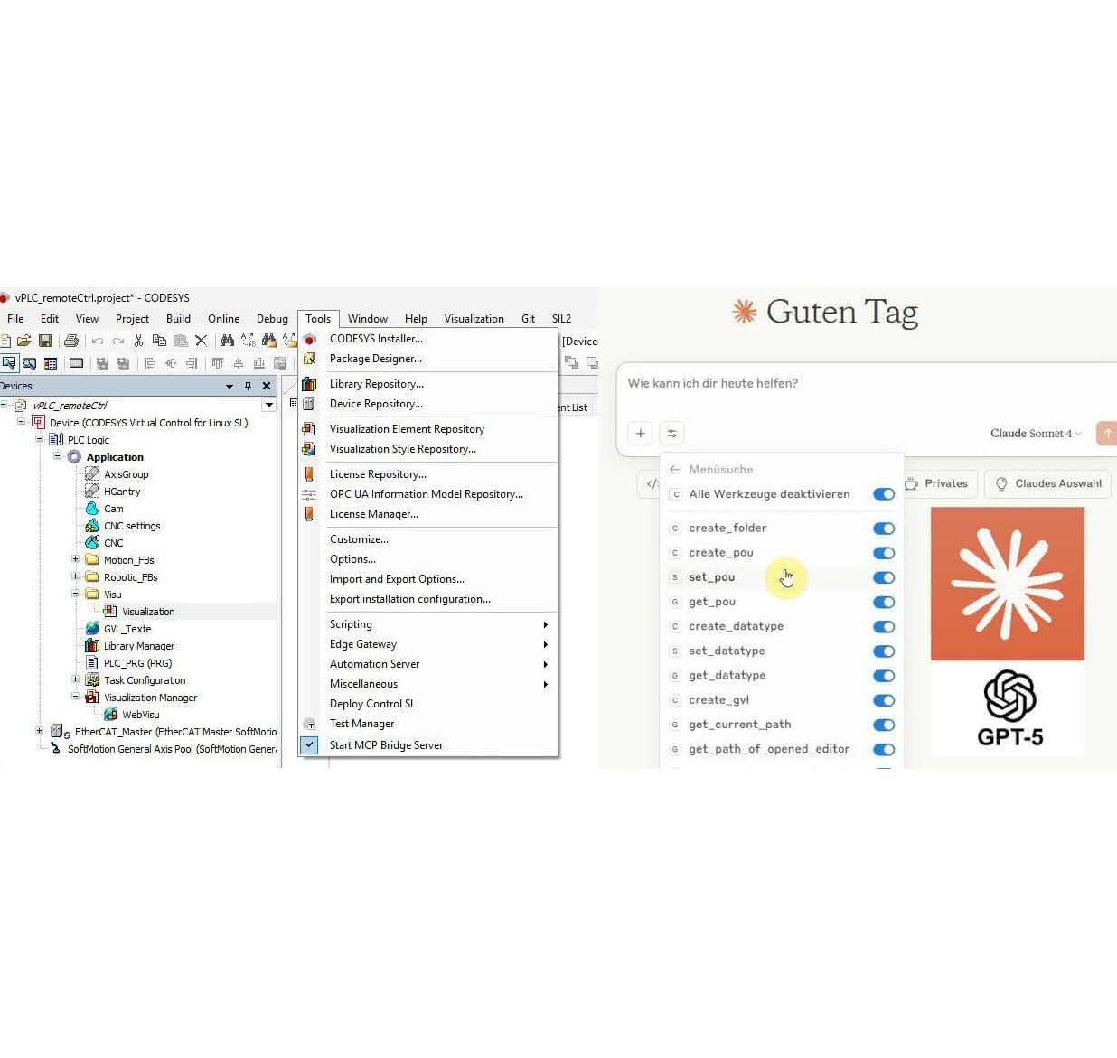 Bild 1: Der MCP-Server stellt der KI-Befehle zur Fernsteuerung des Codesys Development Systems bereit. So können Strukturen, Bausteine und Programmcode automatisiert erzeugt werden.