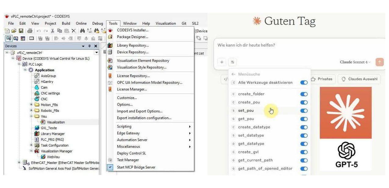 Bild 1: Der MCP-Server stellt der KI-Befehle zur Fernsteuerung des Codesys Development Systems bereit. So können Strukturen, Bausteine und Programmcode automatisiert erzeugt werden.
