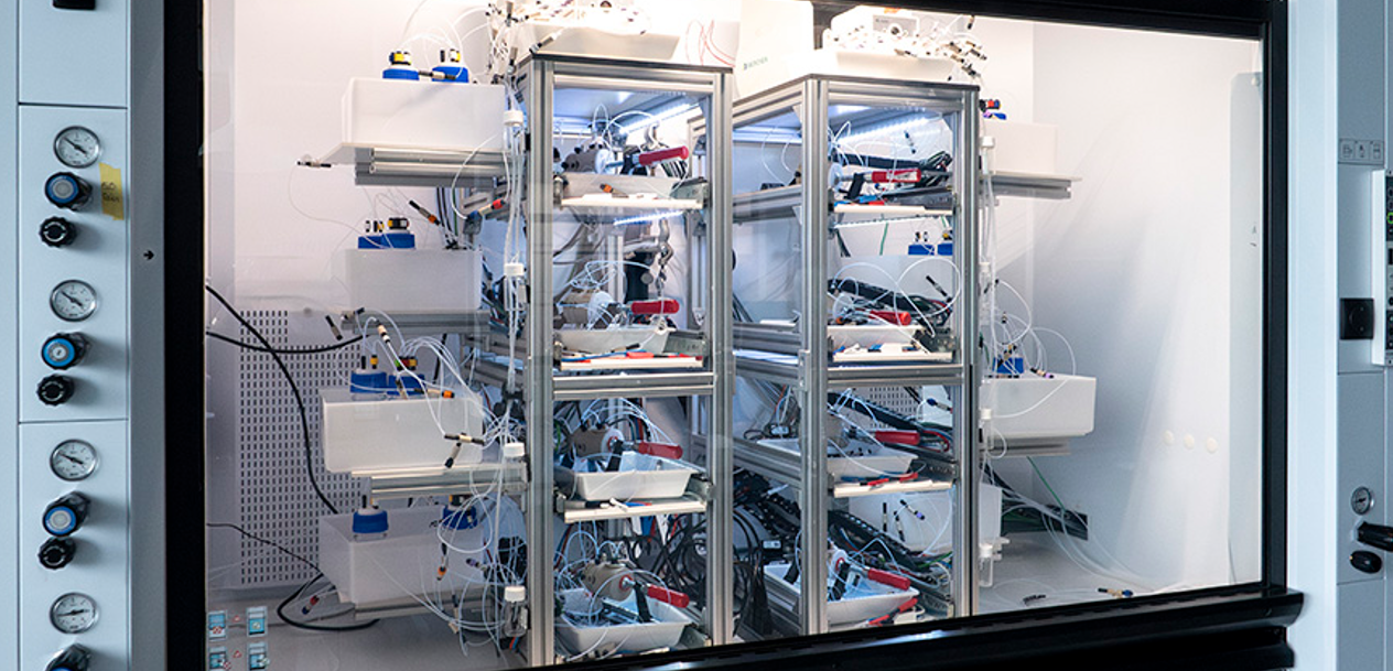 Aus industriellen Emissionen neue Chemikalien gewinnen - Wenn CO₂ zum Rohstoff wird Dank dem Parallelreaktor für die CO₂-Elektrolyse im Empa-Labor «Materials for Energy Conversion» können die Forschenden die Leistung des Katalysators untersuchen.
