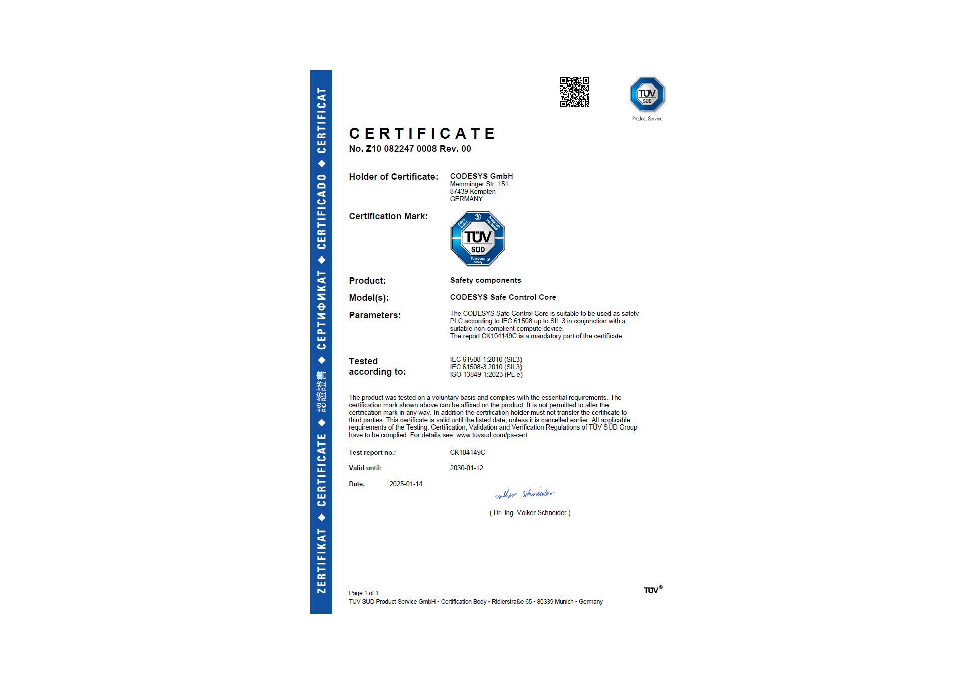 Figure 4: TÜV Süd certificate confirming the suitability of CODESYS Safe Control Core for applications according to IEC 61508 SIL3, the basic software for CODESYS Virtual Safe Control SL. Product development was funded by the German Federal Ministry for Economic Affairs and Climate Protection as part of the SDM4FZI research project.
