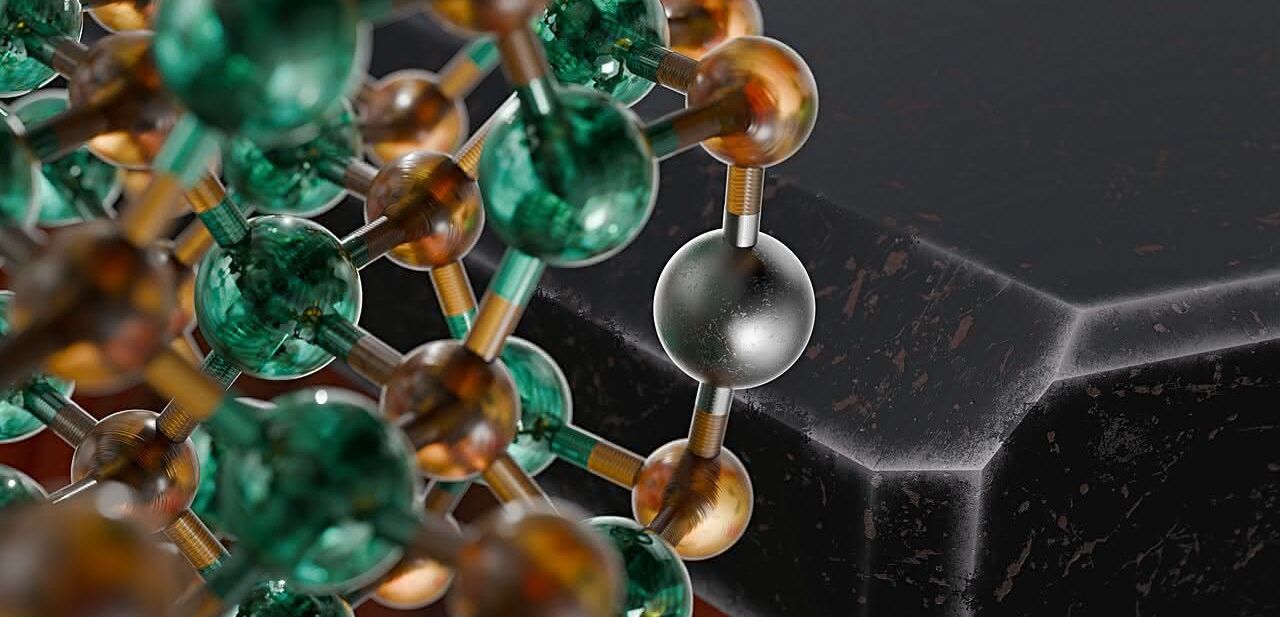 Ausschnitt der atomaren Struktur eines Cadmiumselenid-Nanopartikels mit eingebautem Quecksilber-Fremdatom. Rechts: Künstlerische Darstellung eines stark vergrößerten Nanoplättchens mit Quecksilberdefekten an aktiven Ecken Modell im Bild links: Ausschnitt der atomaren Struktur eines Cadmiumselenid-Nanopartikels mit eingebautem Quecksilber-Fremdatom. Rechts: Künstlerische Darstellung eines stark vergrößerten Nanoplättchens mit Quecksilberdefekten an aktiven Ecken.