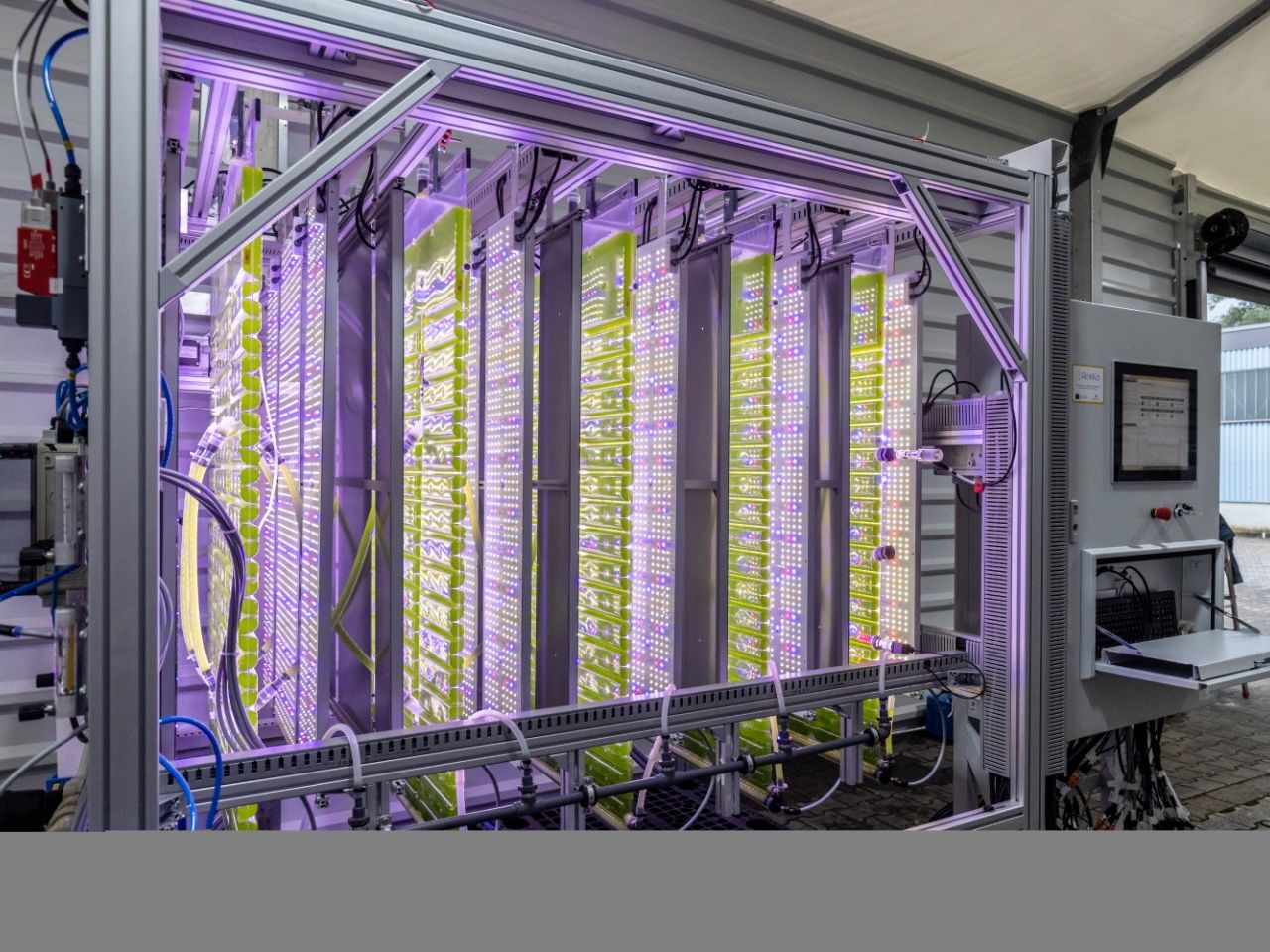 Mikroalgen in einem neuartigen Photobioreaktorsystem binden CO2 und produzieren daraus eine pflanzenstärkende Biomasse.