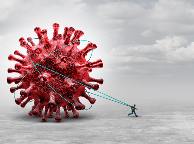 Post-COVID-Versorgung: Forschungsprojekt entwickelt Leitlinien und Versorgungsmodell Zeichnung: grauer Hintergrund, eine Person zieht ein riesiges rotes Coronavirus hinter sich her und ist deutlich angestrengt. Das Bild steht als Symbolbild für das Leiden von Betroffenen mit Post-Covid und für fehlende Leitlinien bei der Versorgung von Patientinnen und Patienten mit Long-Covid Symptomen