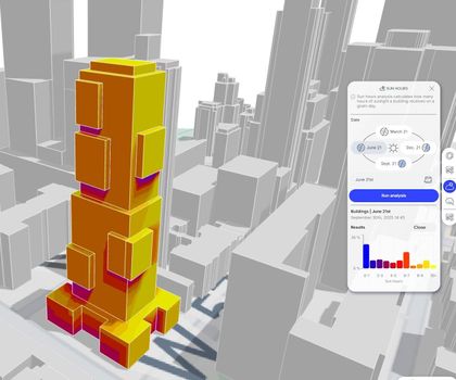 Projekt Aurora Detailansicht von Projekt Aurora von Graphisoft, zu sehen ist ein oranges, digitales 3D-Modell eines Hochauses sowie ein Menü zur Bearbeitung