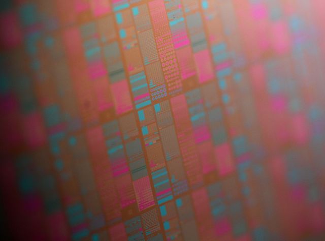 Close-up (dieshot) of ferroelectric memory chips on a 300 mm wafer from Fraunhofer IPMS. Close-up (dieshot) of ferroelectric memory chips on a 300 mm wafer from Fraunhofer IPMS.