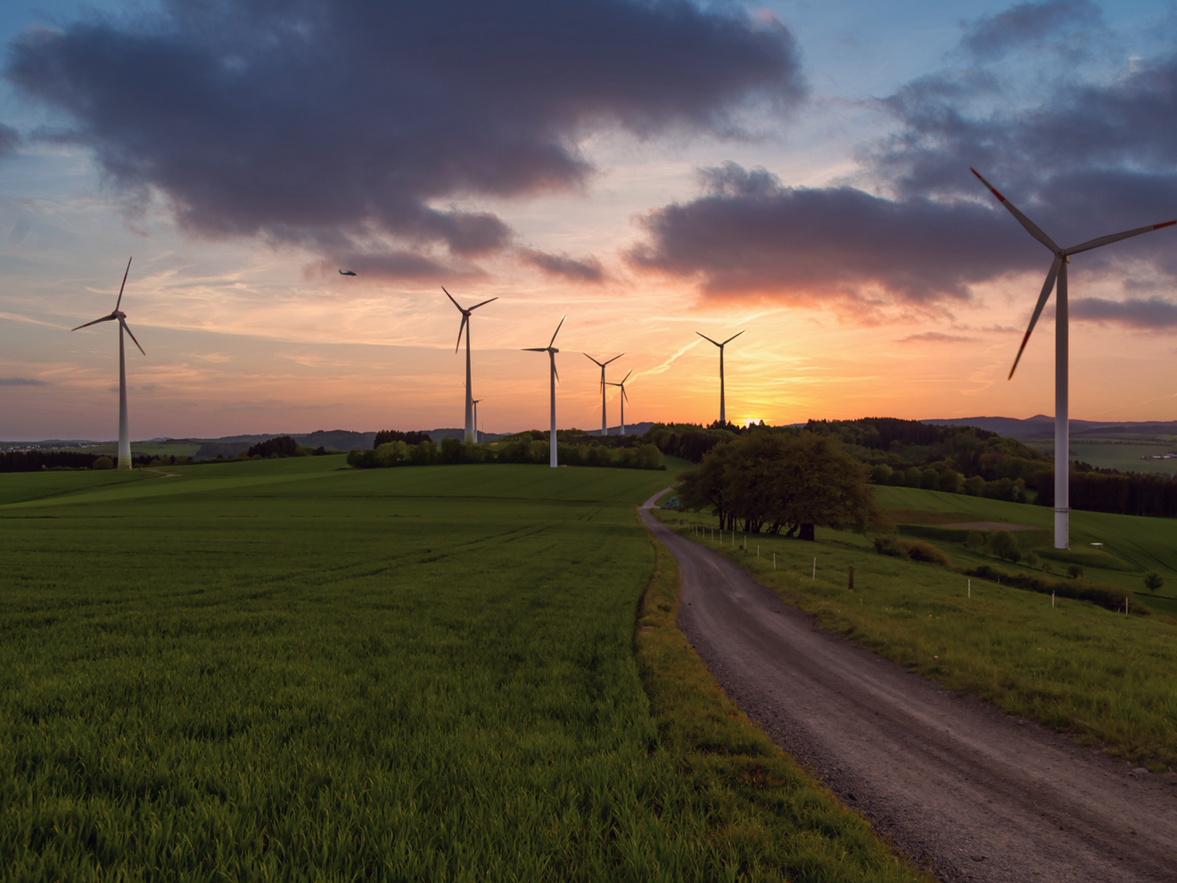 Erneuerbare Energien 2025: Entwicklungen im ersten Halbjahr Windräder zum Erzeugen erneuerbarer Energie auf einem Feld im Sonnenuntergang