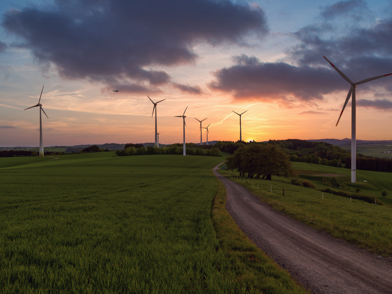 Erneuerbare Energien 2025: Entwicklungen im ersten Halbjahr Windräder zum Erzeugen erneuerbarer Energie auf einem Feld im Sonnenuntergang