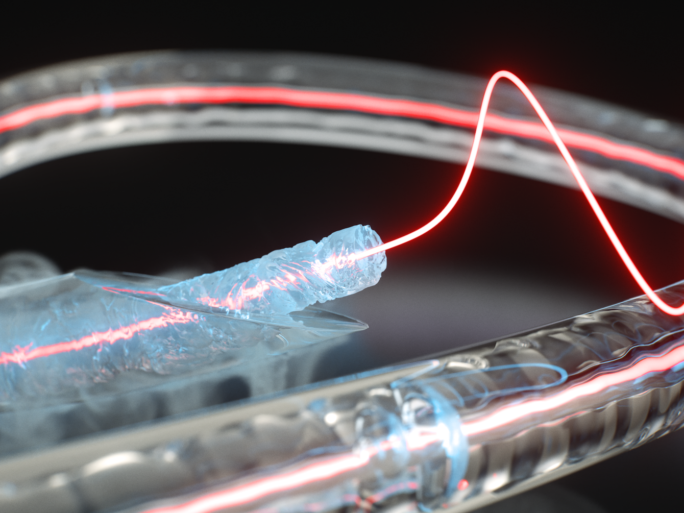 Neue Glasfasertechnologie: Ein ungewöhnlicher Materialzustand eröffnet neue Wege für photonische Systeme Künstlerische Darstellung eines gefrorenen Glasfaserkerns in einer Glaskapillare, der Licht- und Schallwellen effizient leitet und koppelt.