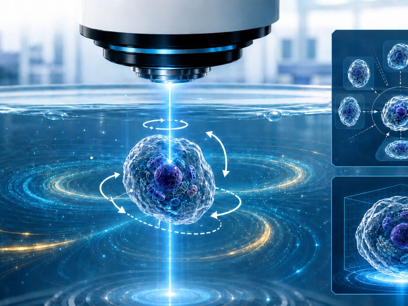 3D-Mikroskopie: Laser dreht empfindliche Zellproben erstmals kontaktfrei unter dem Mikroskop Grafik: Der Laser dreht empfindliche Zellproben unter dem Mikroskop kontaktfrei.