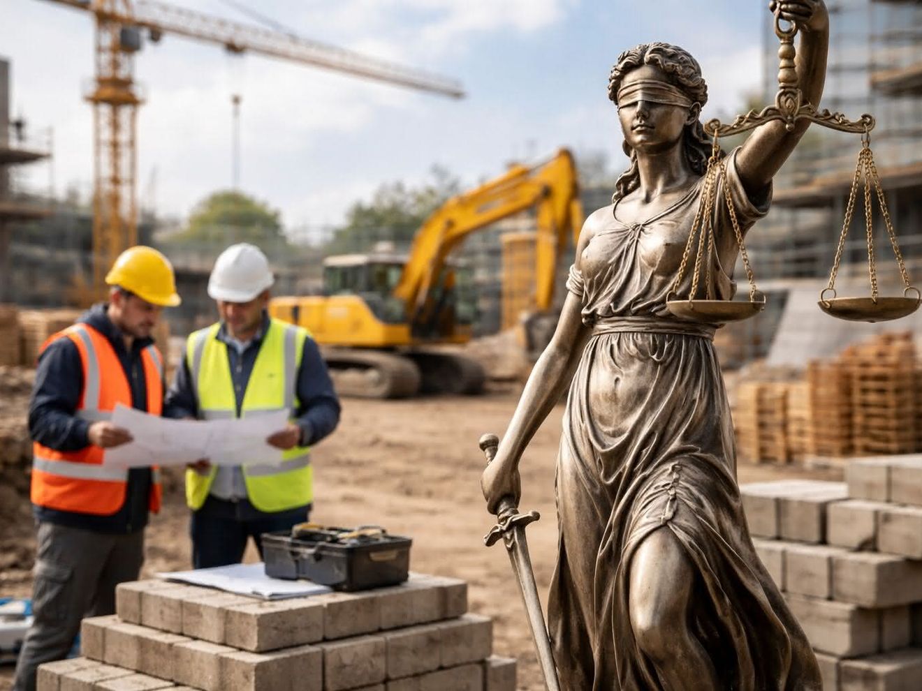 Justizia Justizia mit verbundenen Augen auf einer Baustelle