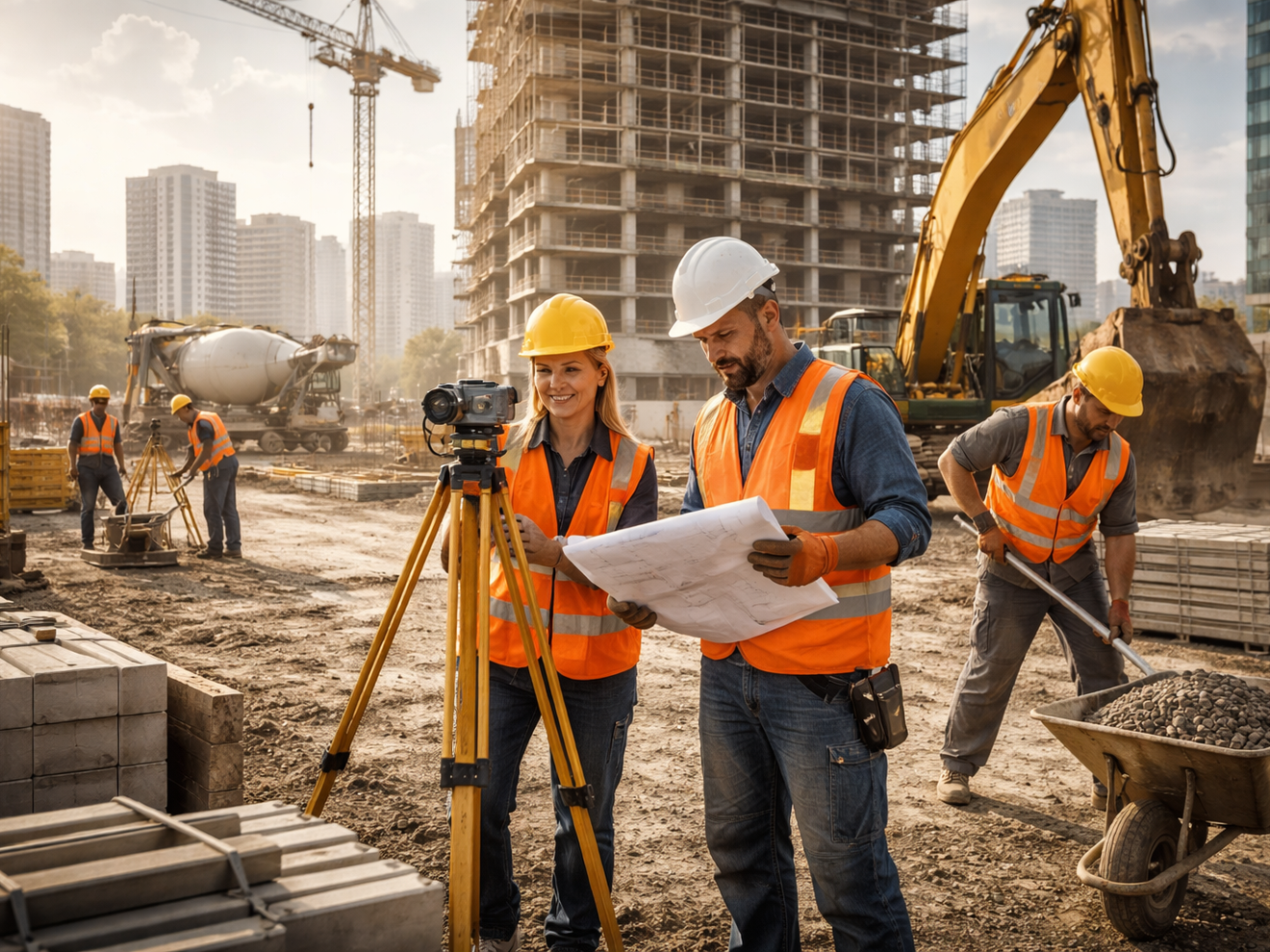 Baustelle Bauarbeiter arbeiten auf einer geschäftigen Großbaustelle