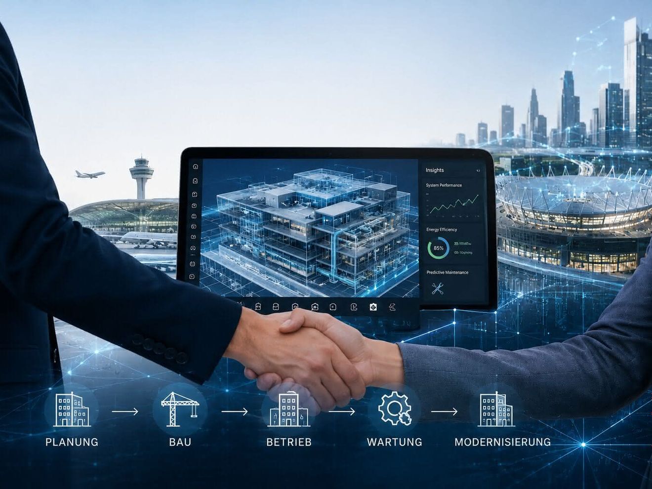 Autdesk Zwei männliche Hände schütteln sich vor einem digitalen 3D-Modell