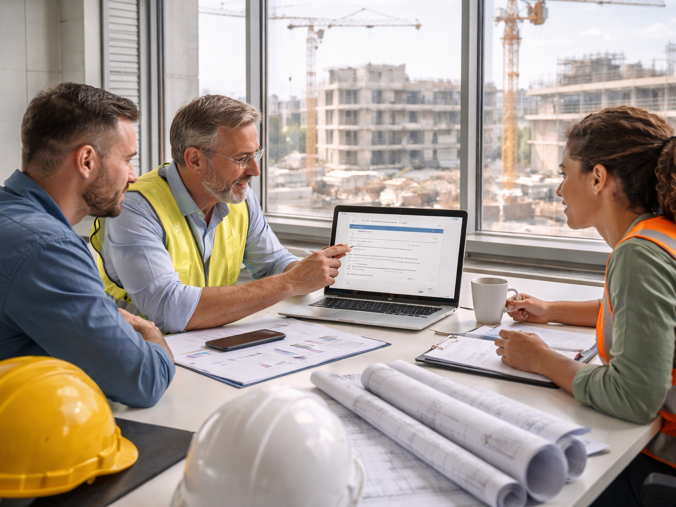Männliche und weibliche Bauarbeiter schauen im Büro auf einen Laptop im Hintergrund ist eine Baustelle