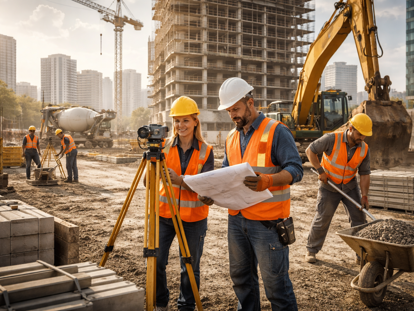 Baustelle Bauarbeiter arbeiten auf einer geschäftigen Großbaustelle