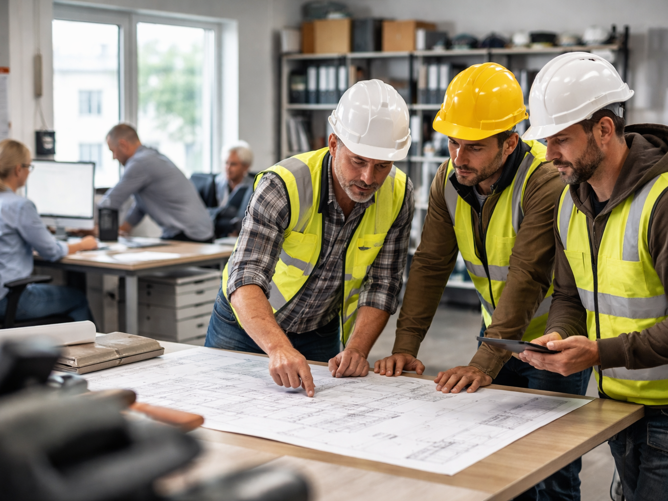 Büro Baubetrieb Blick in das Büro eines Bauunternehmens; zu sehen sind verschiedene Mitarbeitende