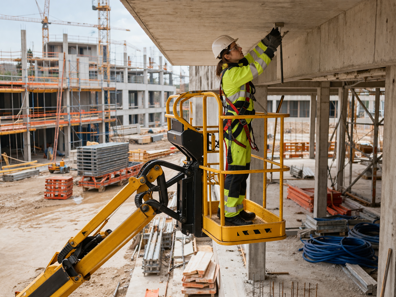 Baustelle Arbeiter auf einer Baustelle, im Vordergrund eine Arbeitsbühne