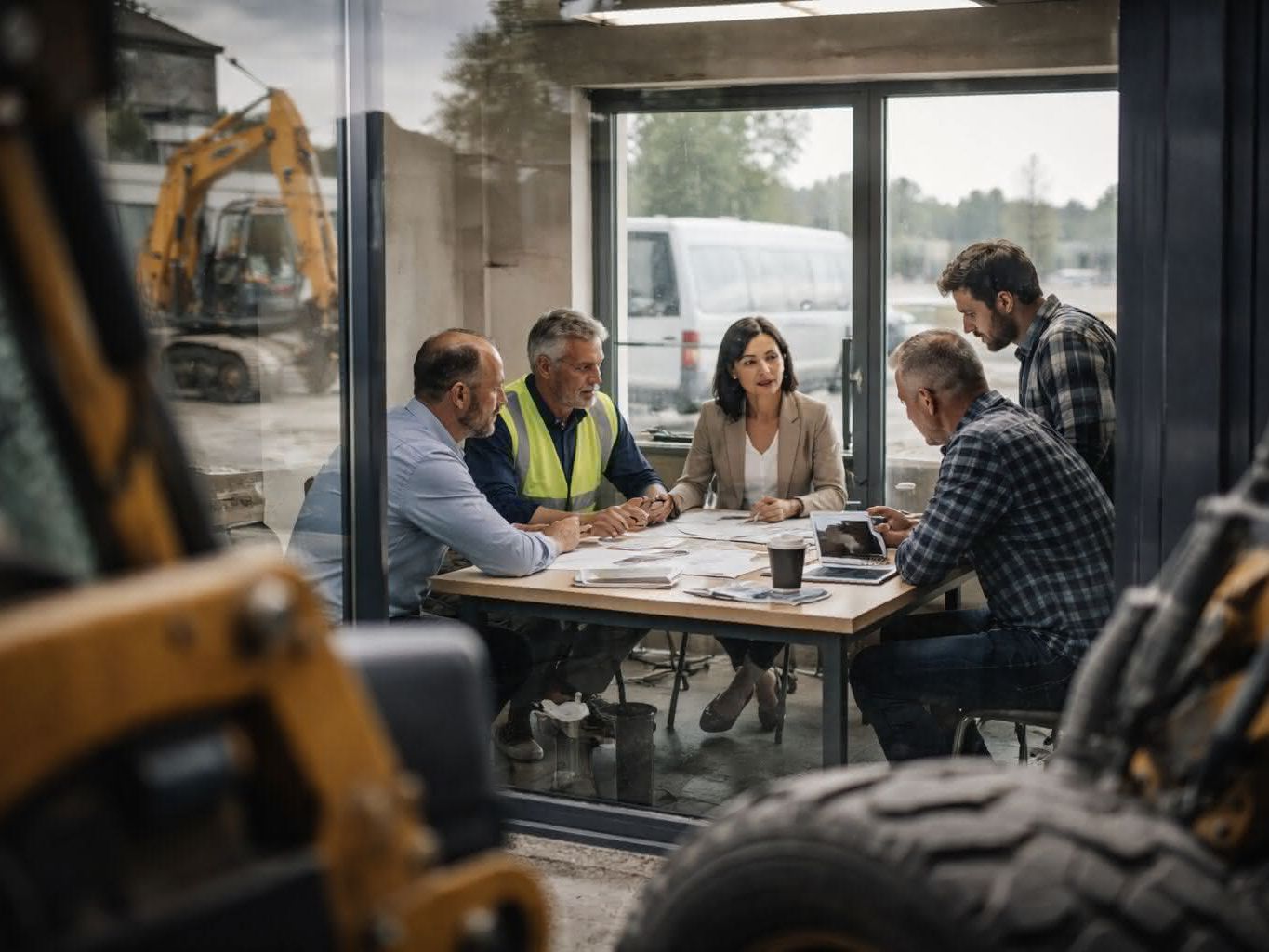 Blick in das Büro eines OEM; Mitarbeitende diskutieren am Schreibtisch; im Hintergrund Baumaschinen und Transporter